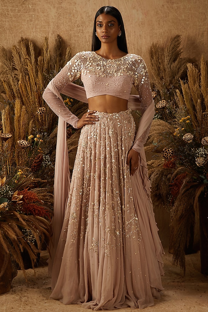 Dusty Pink Georgette Embellished Wedding Lehenga Set by SHLOKA KHIALANI at Pernia's Pop Up Shop