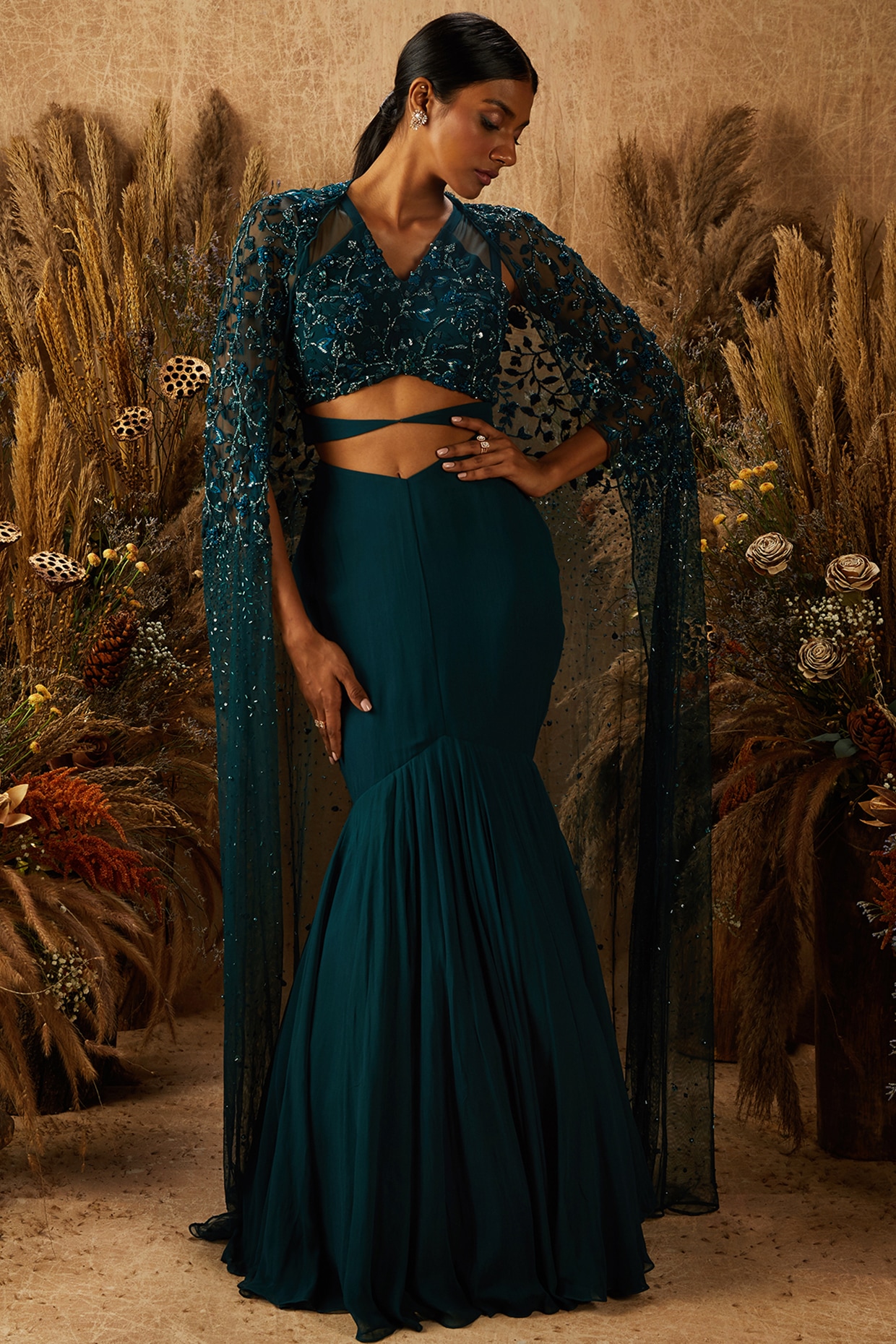Dark Green Georgette Fish Tail Skirt Set by SHLOKA KHIALANI at