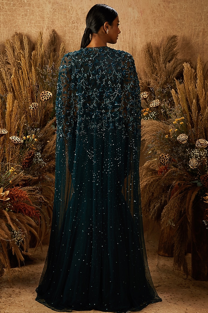 Dark Green Georgette Fish Tail Skirt Set by SHLOKA KHIALANI at Pernia's Pop Up Shop