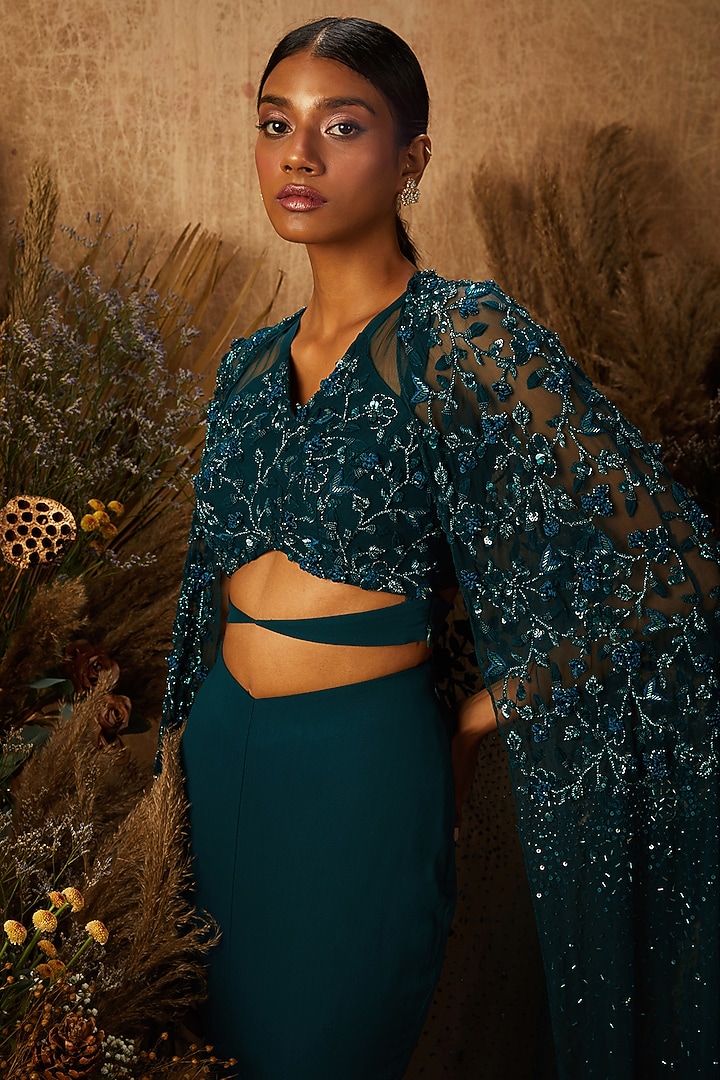 Dark Green Georgette Fish Tail Skirt Set by SHLOKA KHIALANI at Pernia's Pop Up Shop