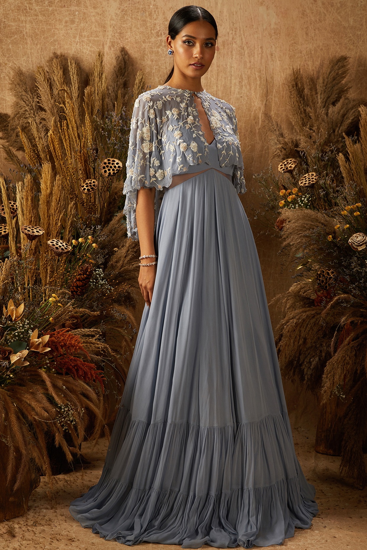 Dusty Blue Georgette Gown With Cape Design by SHLOKA KHIALANI at