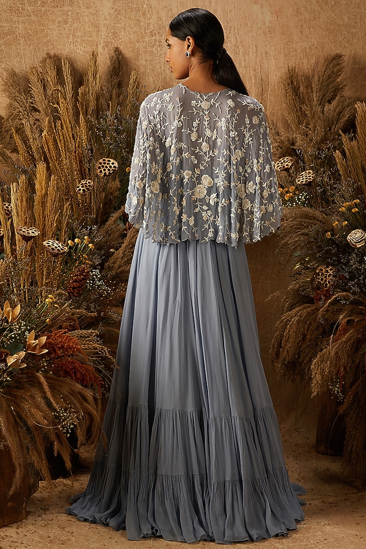 Dusty Blue Georgette Engagement Gown With Cape by SHLOKA KHIALANI at Pernia's Pop Up Shop