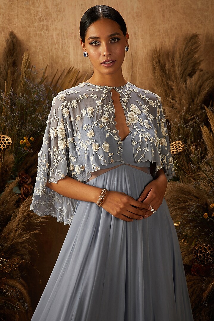 Dusty Blue Georgette Engagement Gown With Cape by SHLOKA KHIALANI at Pernia's Pop Up Shop
