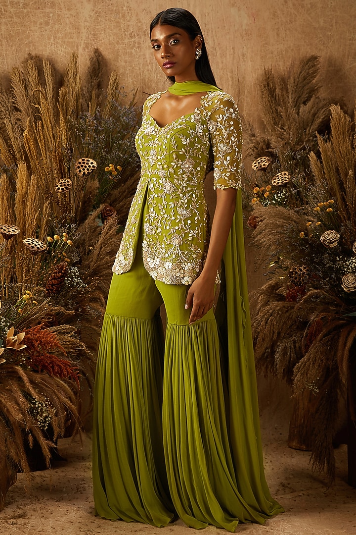 Light Green Crepe Wedding Sharara Set by SHLOKA KHIALANI at Pernia's Pop Up Shop