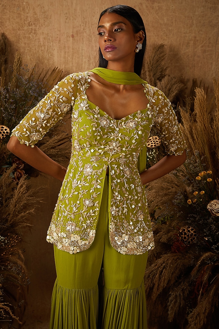Light Green Crepe Wedding Sharara Set by SHLOKA KHIALANI at Pernia's Pop Up Shop