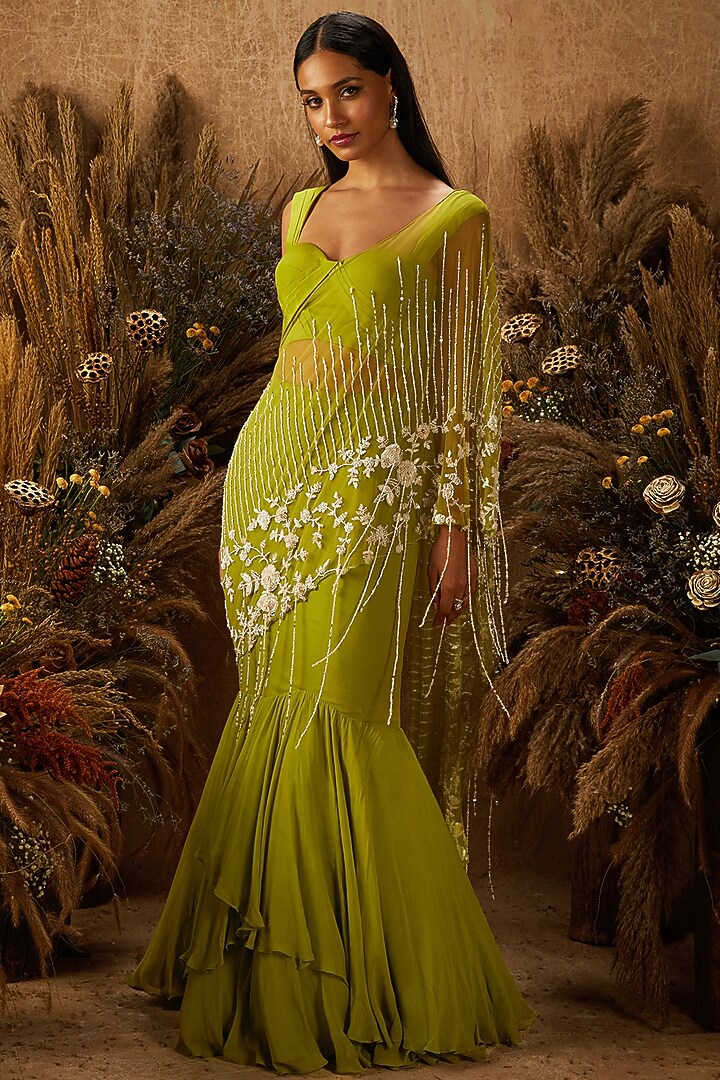 Light Green Crepe & Net Embellished Skirt Set by SHLOKA KHIALANI at Pernia's Pop Up Shop