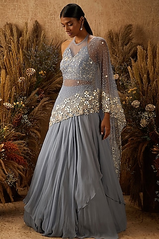 Dusty Blue Georgette Embellished Lehenga Set by SHLOKA KHIALANI