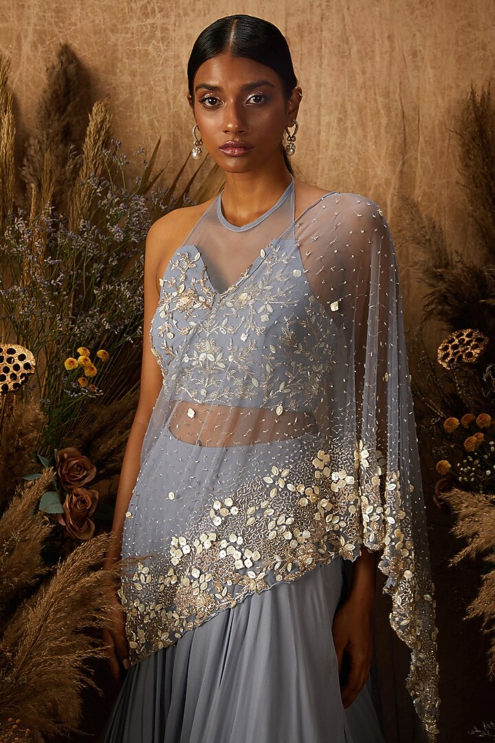 Dusty Blue Georgette Embellished Wedding Lehenga Set by SHLOKA KHIALANI at Pernia's Pop Up Shop