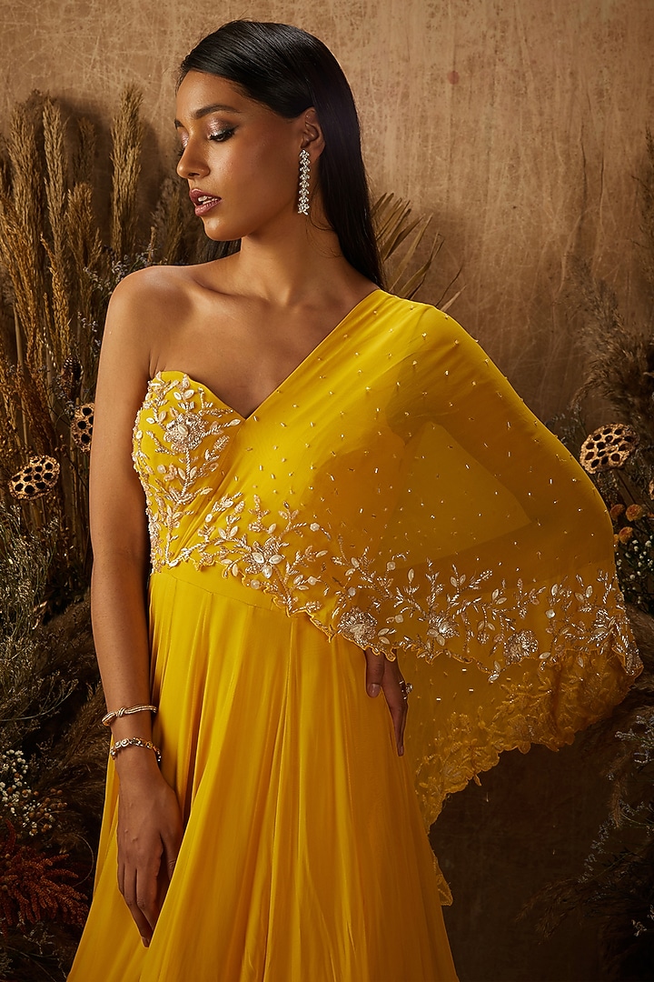 Yellow Georgette Embroidered Wedding Anarkali by SHLOKA KHIALANI at Pernia's Pop Up Shop
