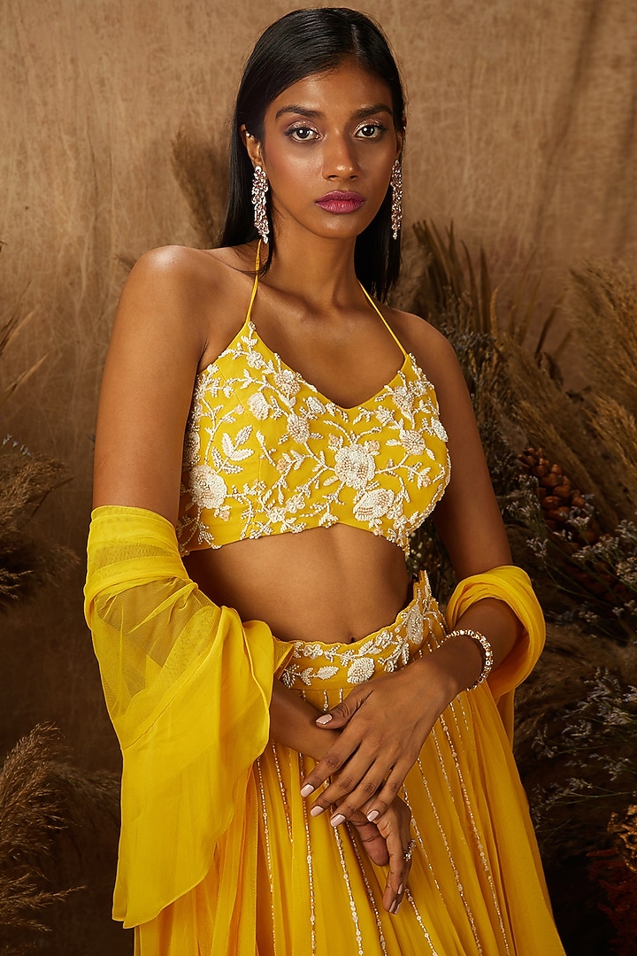 Yellow Georgette Embellished Wedding Lehenga Set by SHLOKA KHIALANI at Pernia's Pop Up Shop