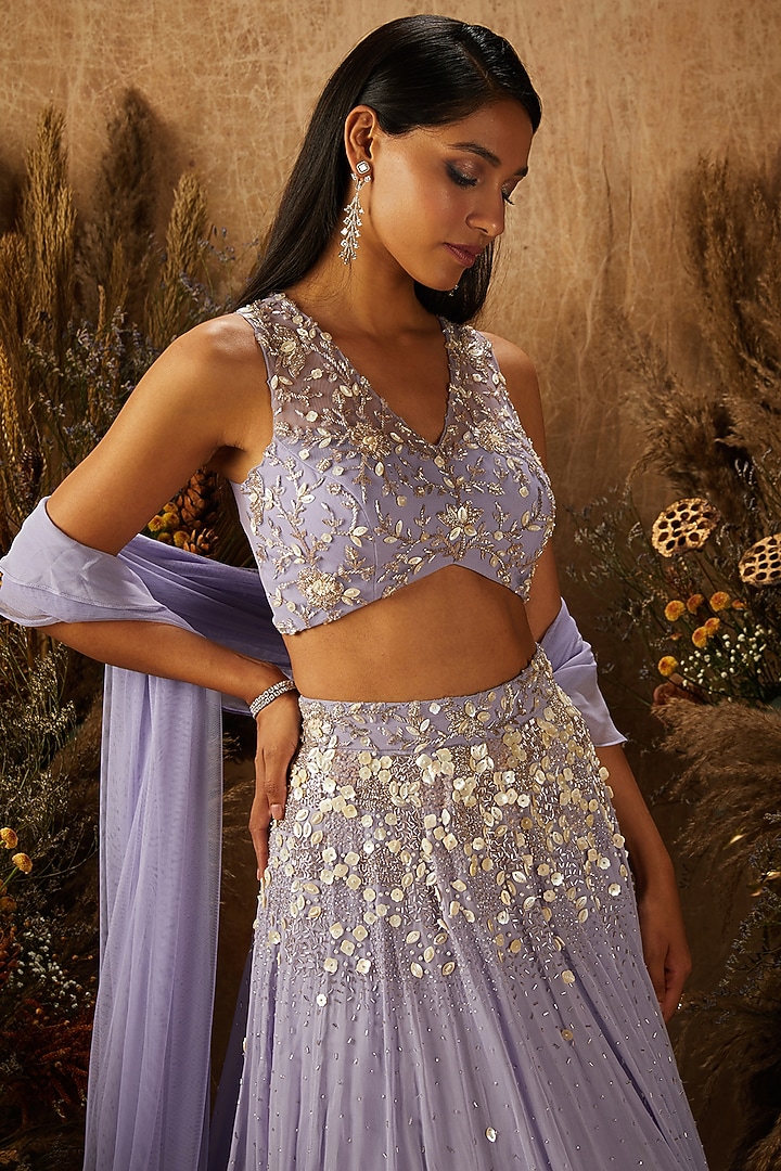 Pastel Purple Georgette & Net Embellished Wedding Lehenga Set by SHLOKA KHIALANI at Pernia's Pop Up Shop