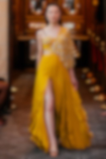 Yellow Georgette & Crepe Embellished Gown by SHLOKA KHIALANI at Pernia's Pop Up Shop