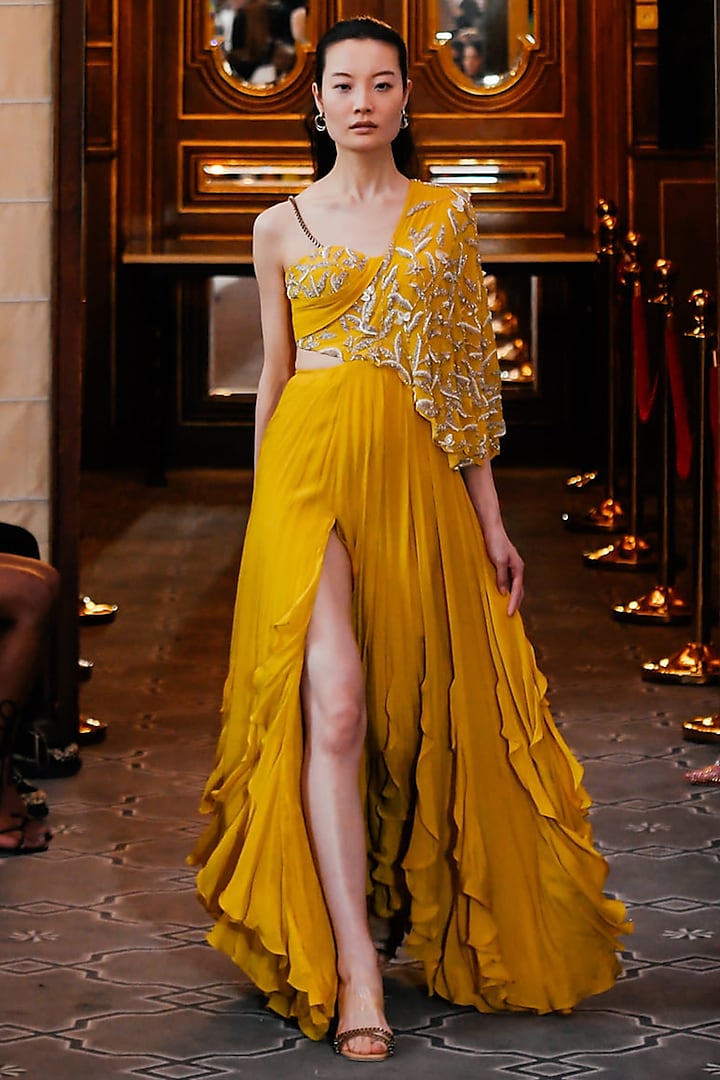 Yellow Georgette & Crepe Embellished Gown by SHLOKA KHIALANI at Pernia's Pop Up Shop