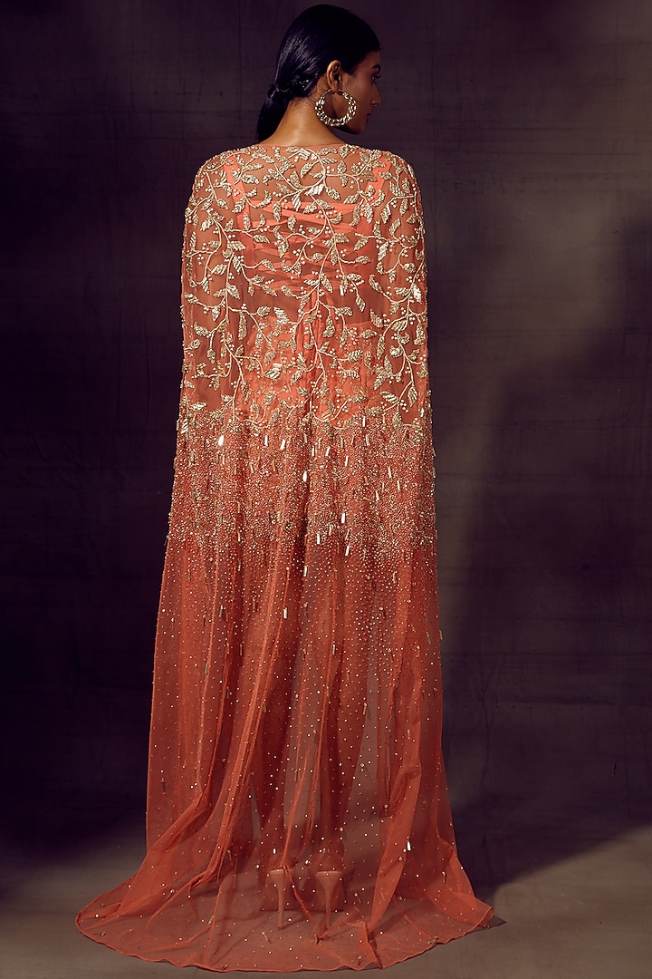 Bright Coral Net & Blended Satin Embroidered Jacket Party Wear Dress by SHLOKA KHIALANI at Pernia's Pop Up Shop