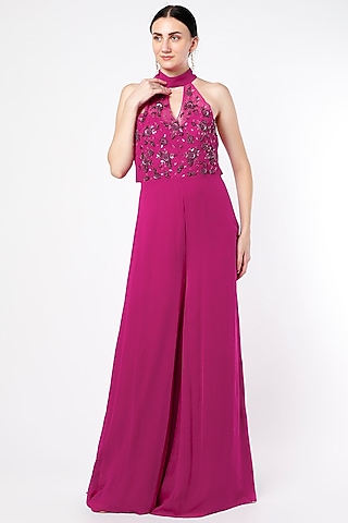 Fuchsia Hand Embroidered Jumpsuit by SHLOKA KHIALANI