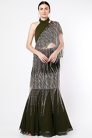 Olive Hand Embroidered Fish-Tail Skirt Set by SHLOKA KHIALANI