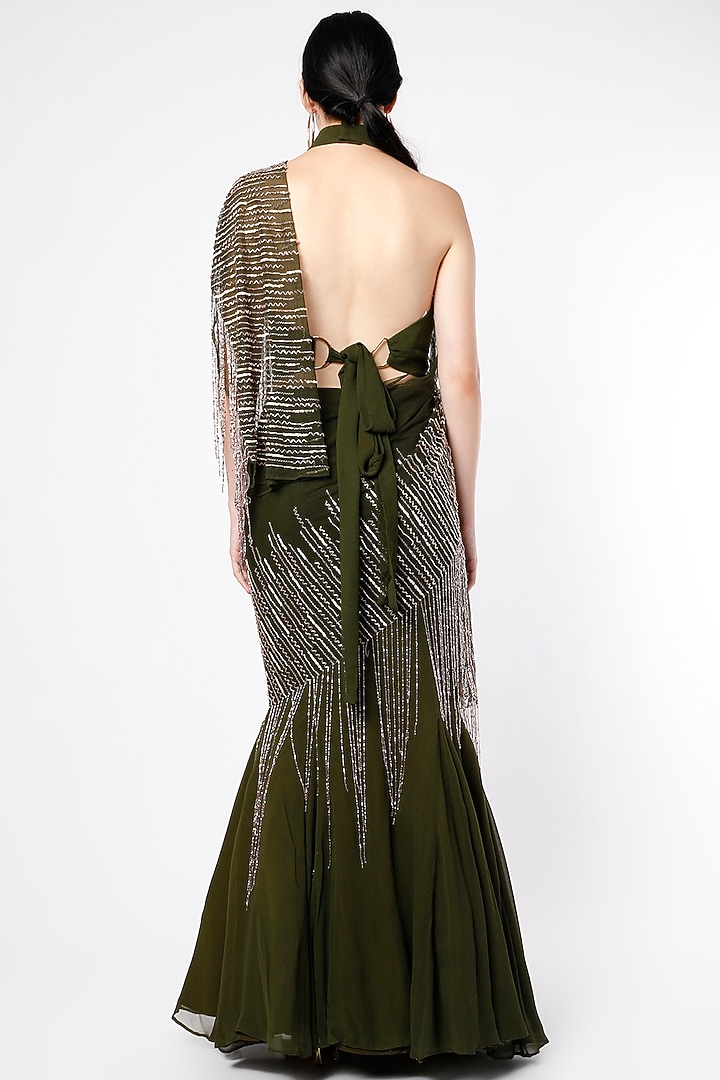 Olive Hand Embroidered Fish-Tail Skirt Set by SHLOKA KHIALANI at Pernia's Pop Up Shop