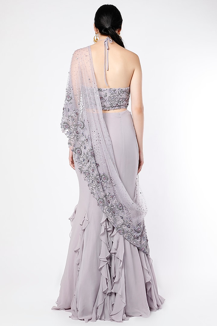 Lilac Grey Viscose Georgette Hand Embroidered Fish-Tail Ruffled Skirt Set by SHLOKA KHIALANI at Pernia's Pop Up Shop