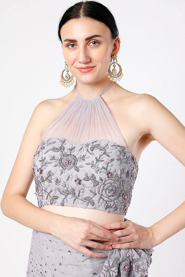 Lilac Grey Viscose Georgette Hand Embroidered Fish-Tail Ruffled Skirt Set by SHLOKA KHIALANI at Pernia's Pop Up Shop