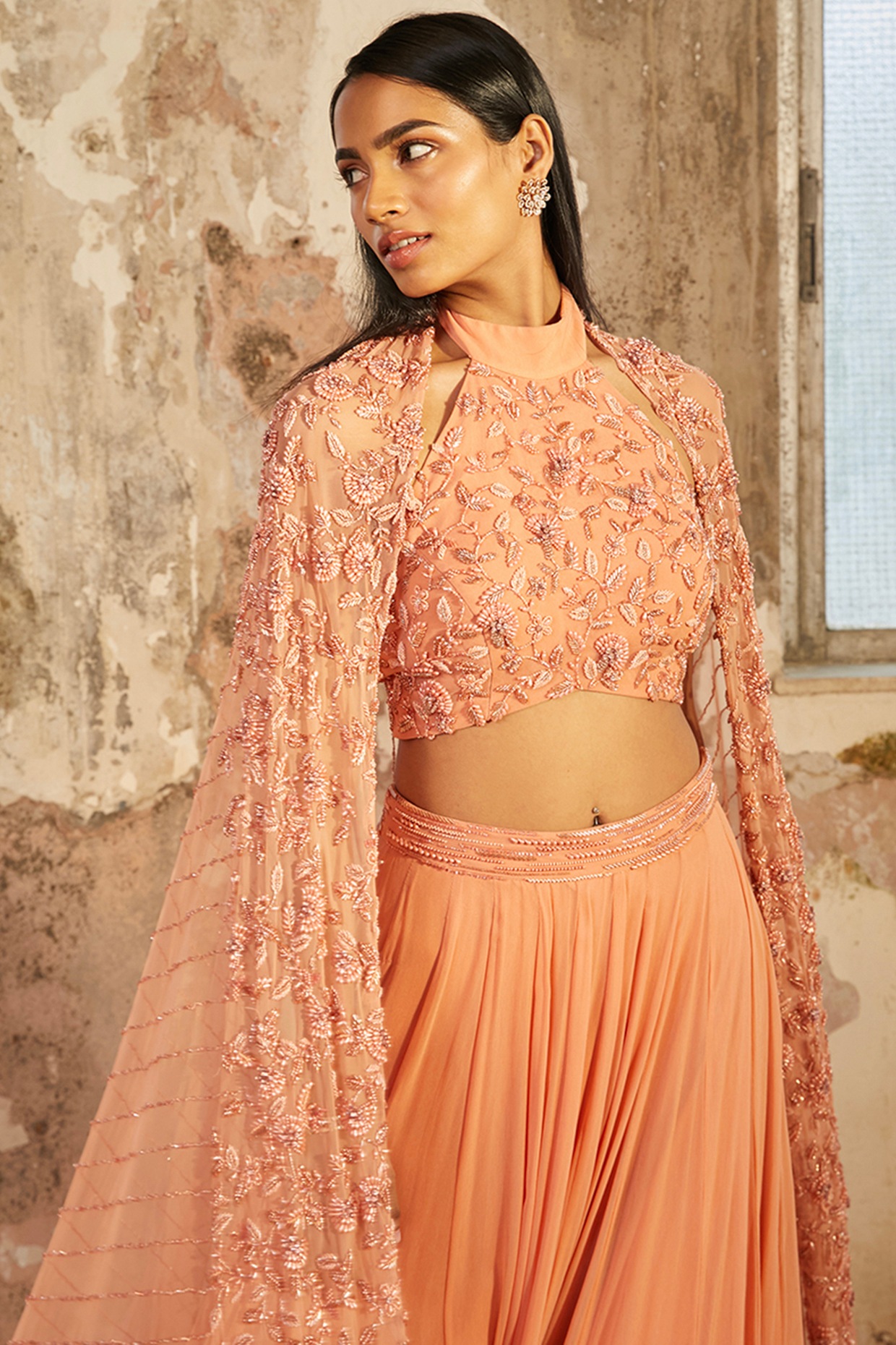 Buy Women Peach Glossy Lehenga Set With Sequin Embroidered Blouse And  Dupatta - Ready To Wear Lehengas - Indya