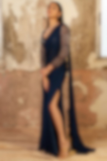 Blue Georgette Pre-Draped Wedding Saree Set by SHLOKA KHIALANI at Pernia's Pop Up Shop