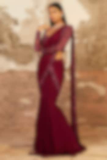 Plum Purple Embroidered Pre-Stitched Wedding Saree Set by SHLOKA KHIALANI at Pernia's Pop Up Shop