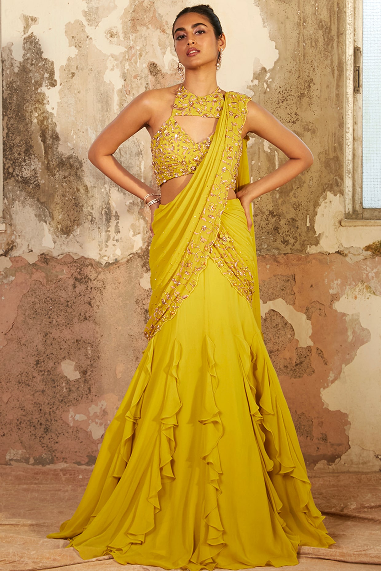 Nikita Vishakha Ruffle Saree With Blouse | Yellow, Floral Motifs,  Georgette, Sweetheart, Sleeveless | Ruffle saree, Blouses for women, Saree