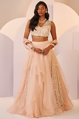 Light Peach Organza Lehenga Set by SHLOKA KHIALANI