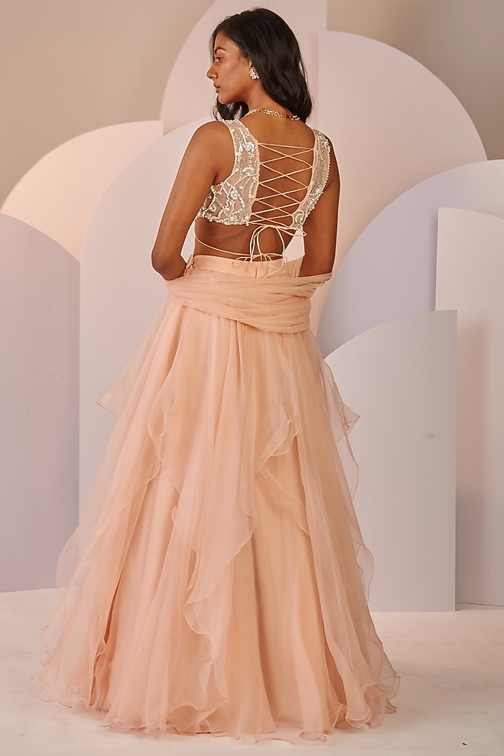 Light Peach Organza Wedding Lehenga Set by SHLOKA KHIALANI at Pernia's Pop Up Shop