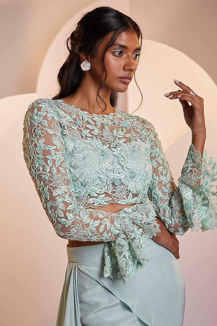 Mint Green Crepe Overlapped Pant Set by SHLOKA KHIALANI at Pernia's Pop Up Shop