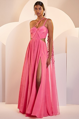 Hot Pink Embellished Drape Gown by SHLOKA KHIALANI