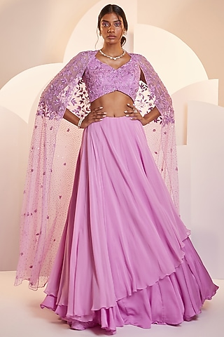 Purple Georgette Layered Lehenga Set by SHLOKA KHIALANI