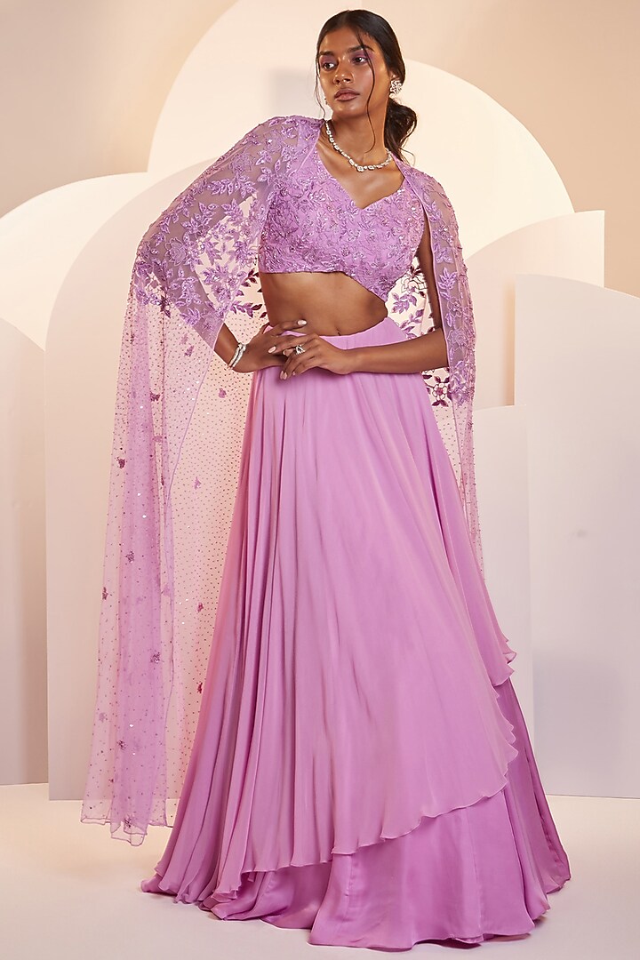 Purple Georgette Layered Wedding Lehenga Set by SHLOKA KHIALANI at Pernia's Pop Up Shop