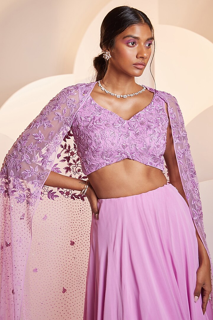 Purple Georgette Layered Wedding Lehenga Set by SHLOKA KHIALANI at Pernia's Pop Up Shop