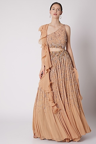 Beige Embroidered One-Shoulder Gown by SHLOKA KHIALANI