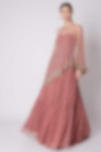 Rose Pink Gown With Attached Embroidered Cape by SHLOKA KHIALANI