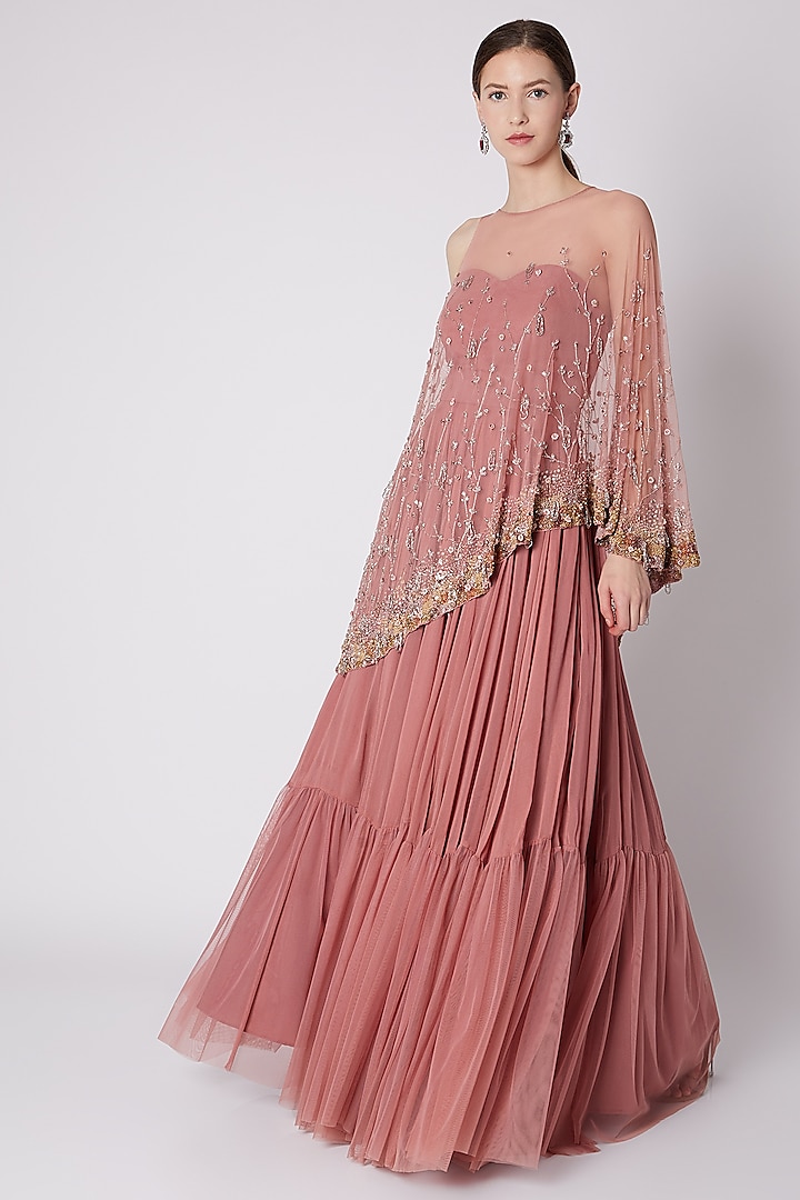 Rose Pink Gown With Attached Embroidered Cape by SHLOKA KHIALANI