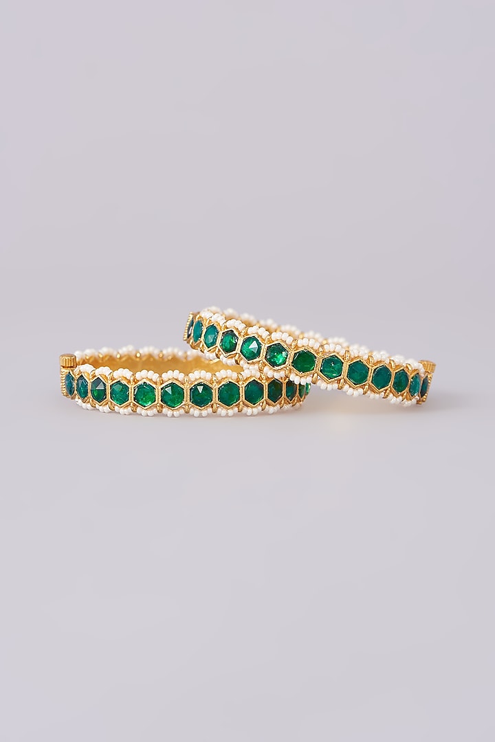 Gold Plated Jadau Kundan Polki Bangles (Set of 2) by Shlok Jewels at Pernia's Pop Up Shop
