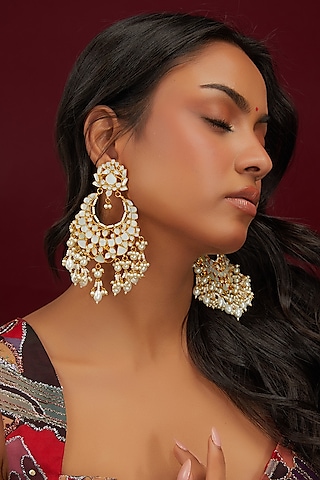 Gold Plated Mother Of Pearl Chandbaali Earrings by Shlok Jewels