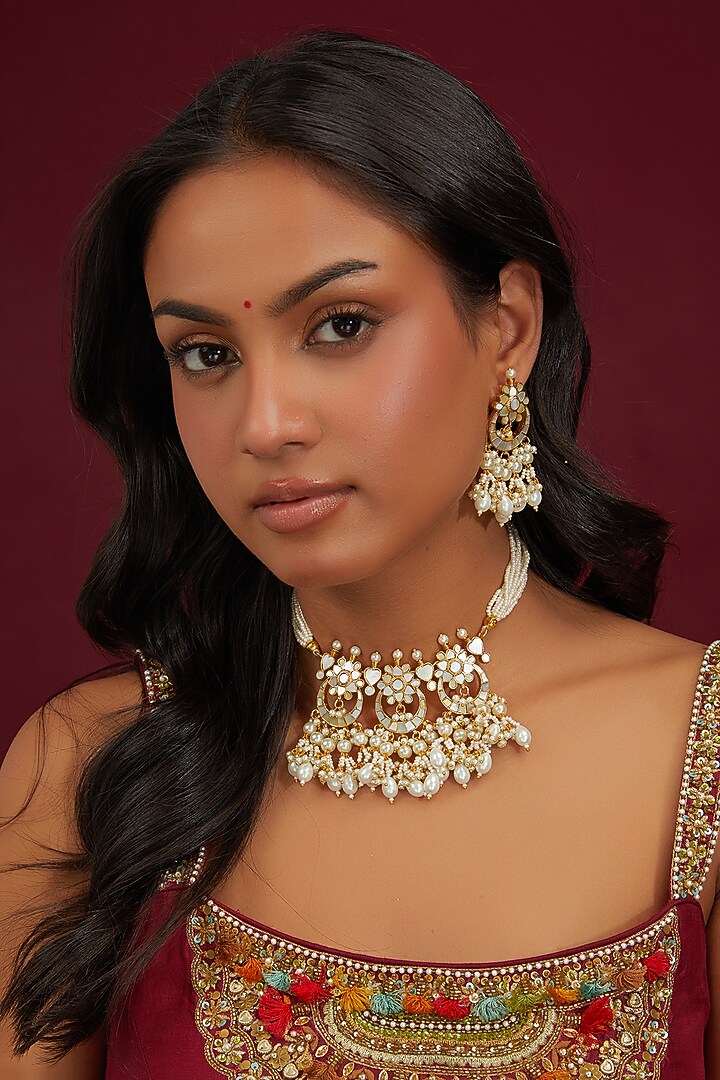 Gold Plated Jadau Kundan Polki Earchains (Set of 2) by Shlok Jewels at Pernia's Pop Up Shop