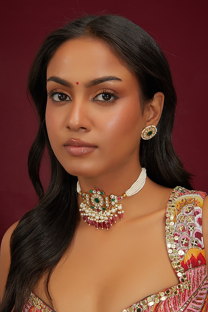 Gold Plated Jadau Kundan Polki Earchains (Set of 2) by Shlok Jewels at Pernia's Pop Up Shop