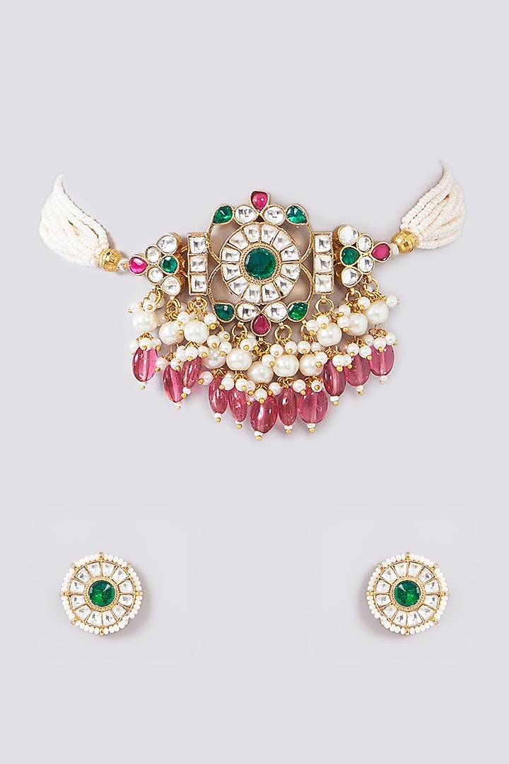 Gold Plated Jadau Kundan Polki Earchains (Set of 2) by Shlok Jewels at Pernia's Pop Up Shop