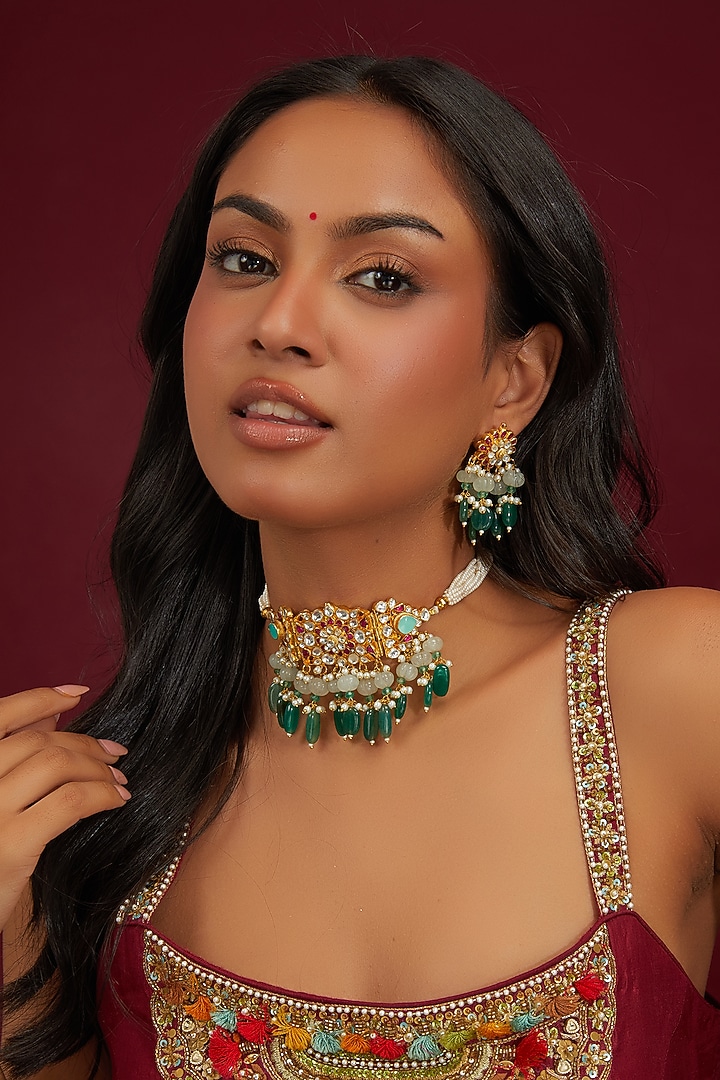 Gold Plated Jadau Kundan Polki Choker Necklace Set by Shlok Jewels at Pernia's Pop Up Shop