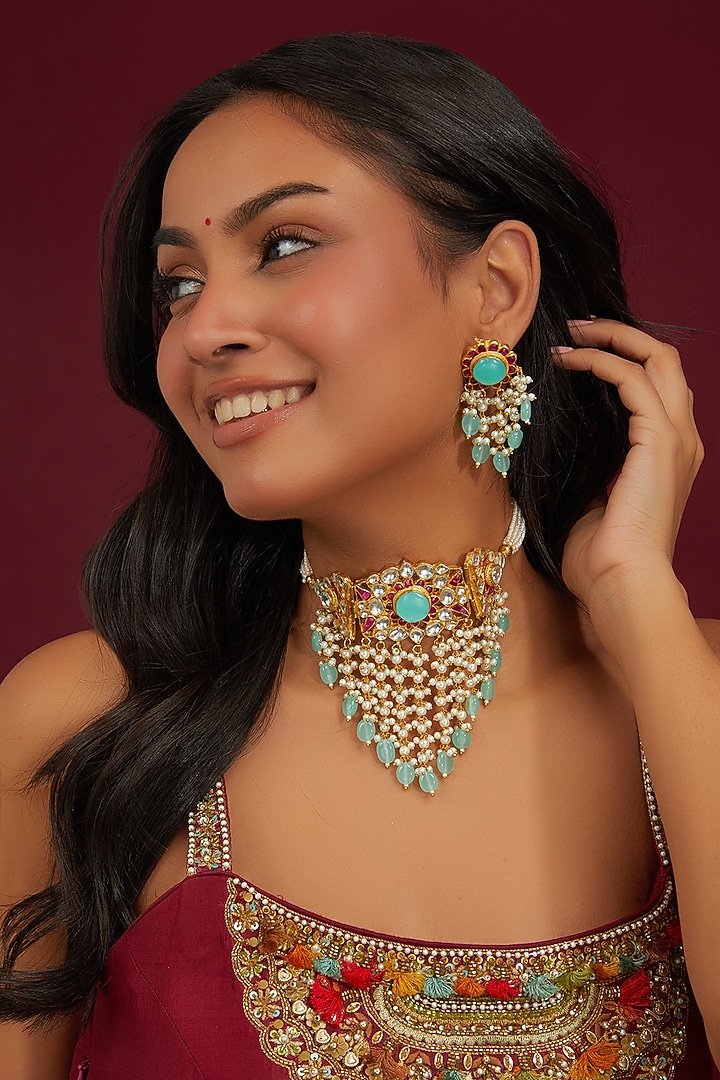 Gold Plated Jadau Kundan Polki Choker Necklace Set by Shlok Jewels at Pernia's Pop Up Shop