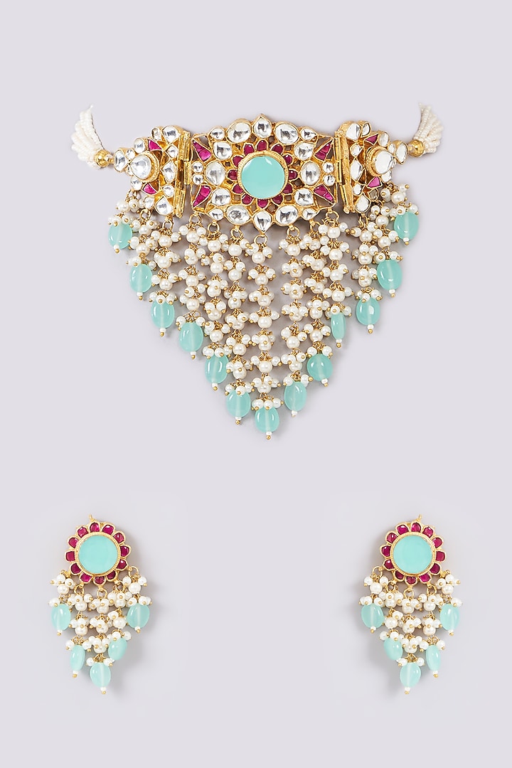 Gold Plated Jadau Kundan Polki Choker Necklace Set by Shlok Jewels at Pernia's Pop Up Shop