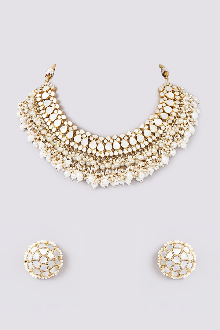 Gold Plated Mother Of Pearl Choker Necklace Set by Shlok Jewels at Pernia's Pop Up Shop