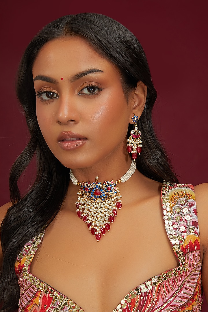 Gold Plated Jadau Kundan Polki Choker Necklace Set by Shlok Jewels at Pernia's Pop Up Shop