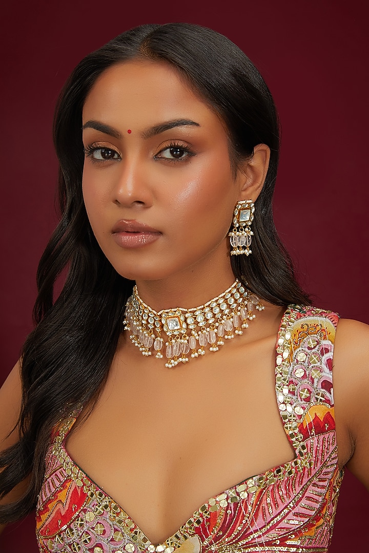 Gold Plated Jadau Kundan Polki Choker Necklace Set by Shlok Jewels at Pernia's Pop Up Shop