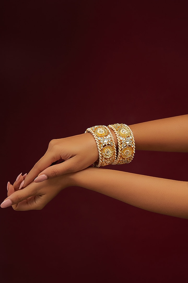 Gold Plated Jadau Kundan Polki Bangles (Set of 2) by Shlok Jewels at Pernia's Pop Up Shop