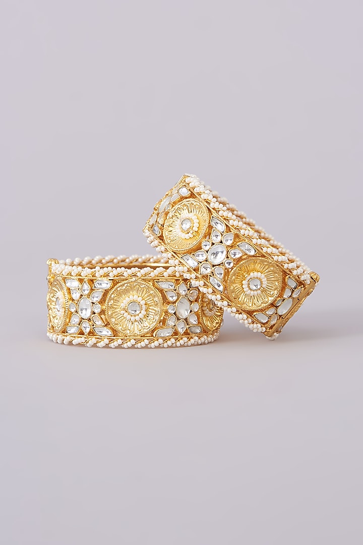 Gold Plated Jadau Kundan Polki Bangles (Set of 2) by Shlok Jewels at Pernia's Pop Up Shop